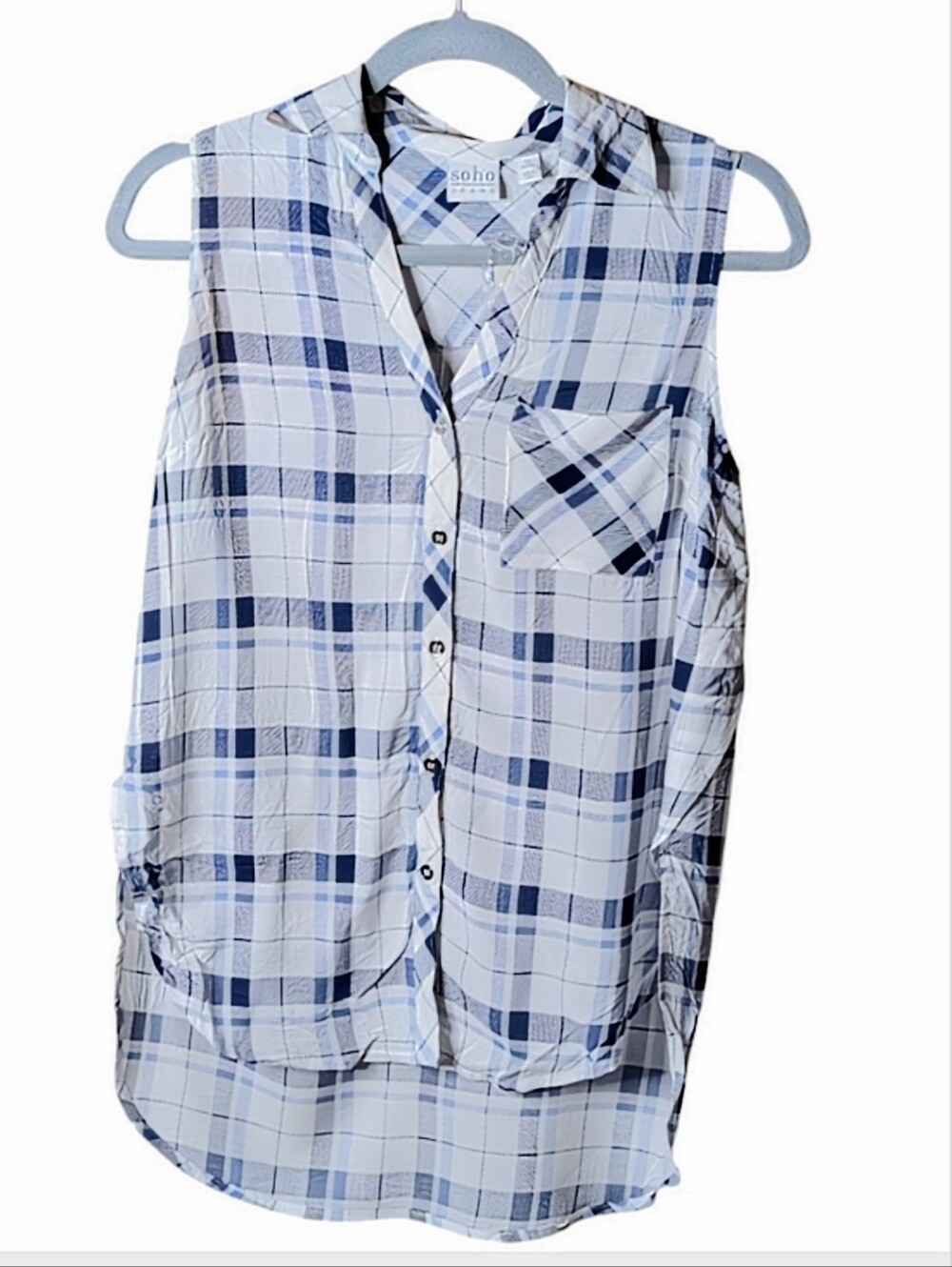 New York & Company Sleeveless Button-Down Plaid Top in White & Navy Size XS